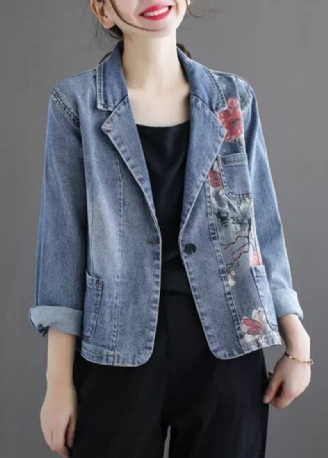 Slim Fit Lyseblå Hakkede Kravelommer Print Denim Coat Spring