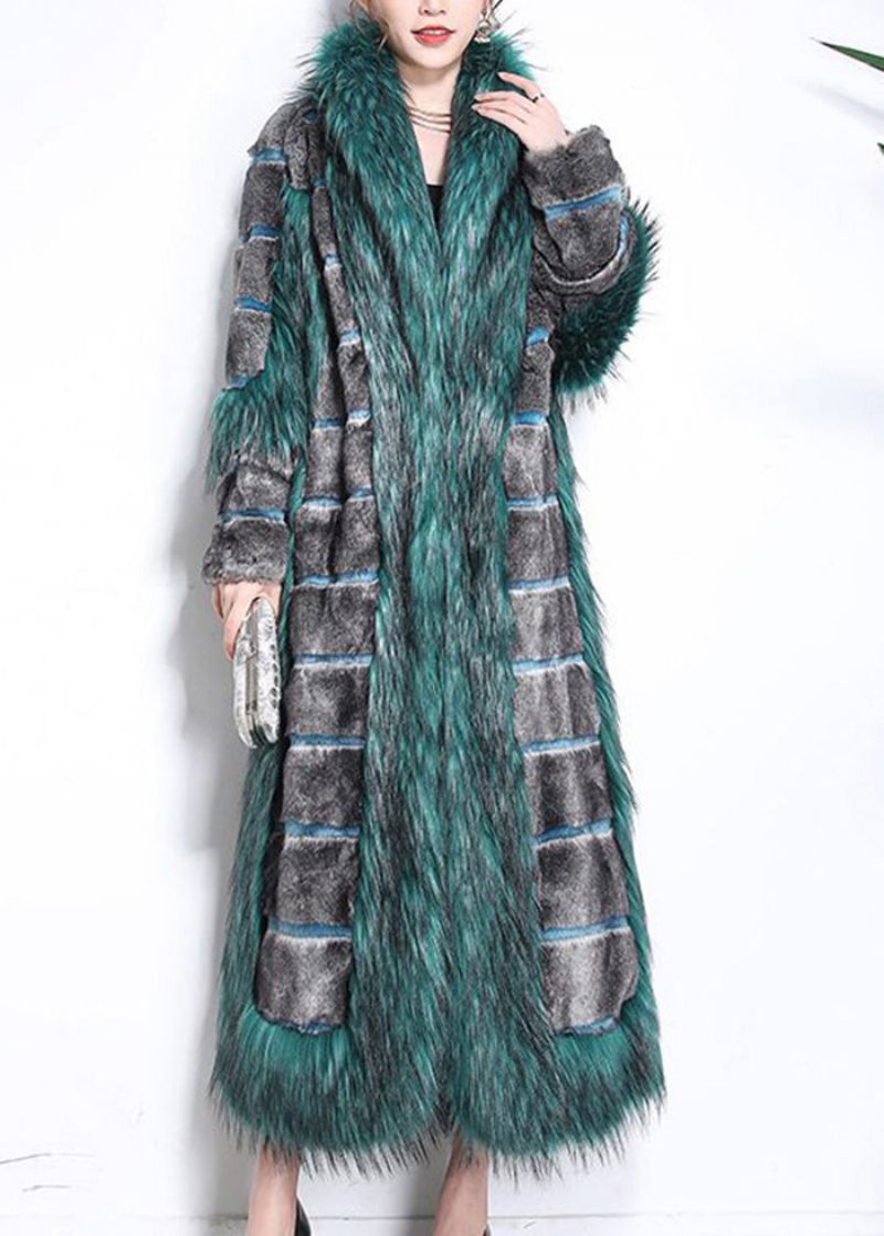 Smuk Grøn Pelskrave Patchwork Stribet Fuzzy Fur Fluffy Coats Vinter