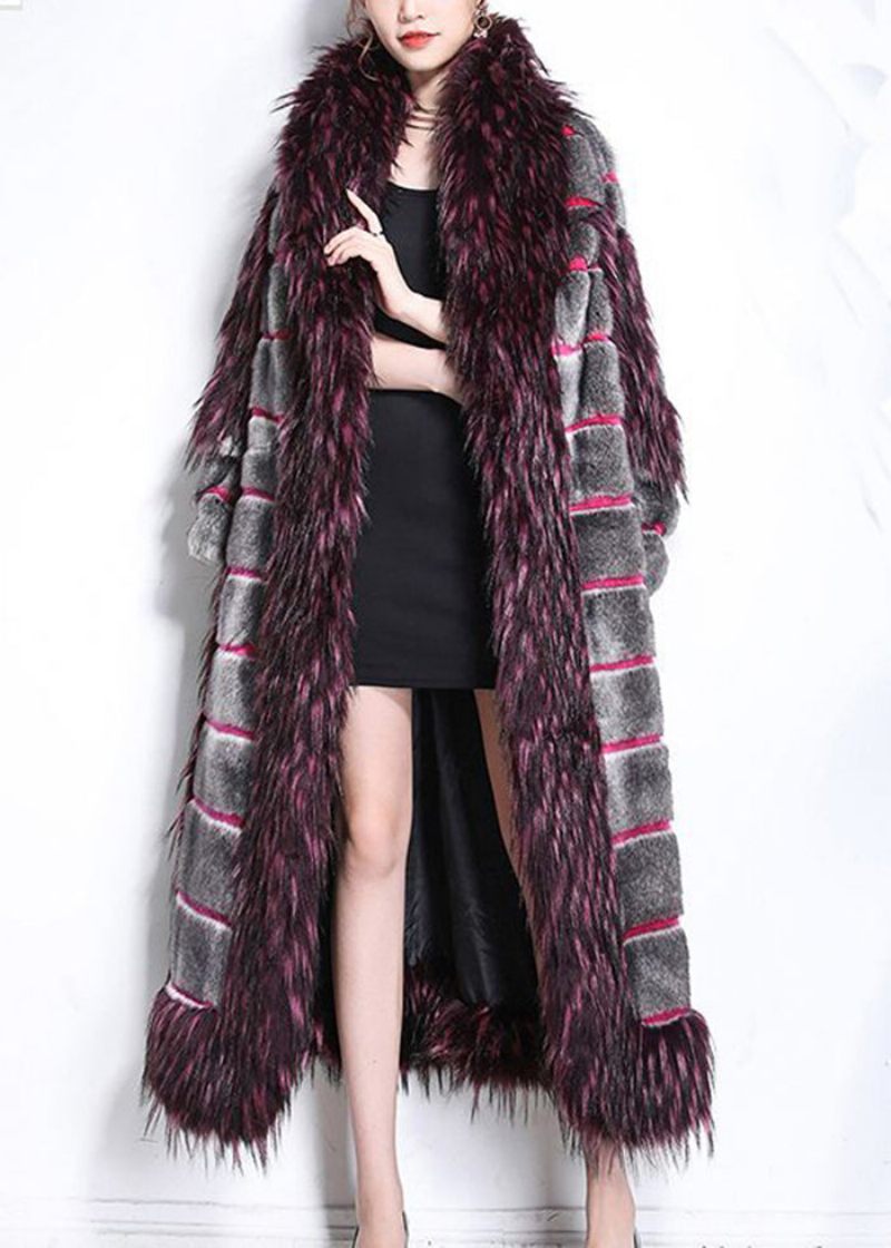 Smuk Grøn Pelskrave Patchwork Stribet Fuzzy Fur Fluffy Coats Vinter - Dame vinterfrakker