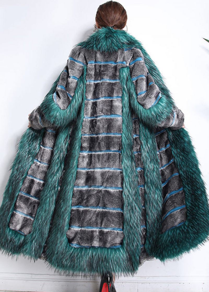 Smuk Grøn Pelskrave Patchwork Stribet Fuzzy Fur Fluffy Coats Vinter - Dame vinterfrakker