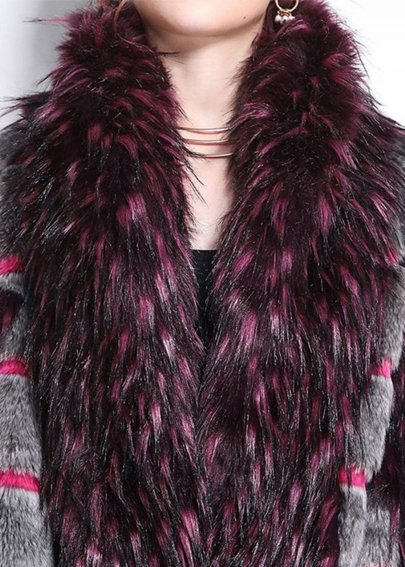 Smuk Grøn Pelskrave Patchwork Stribet Fuzzy Fur Fluffy Coats Vinter - Dame vinterfrakker