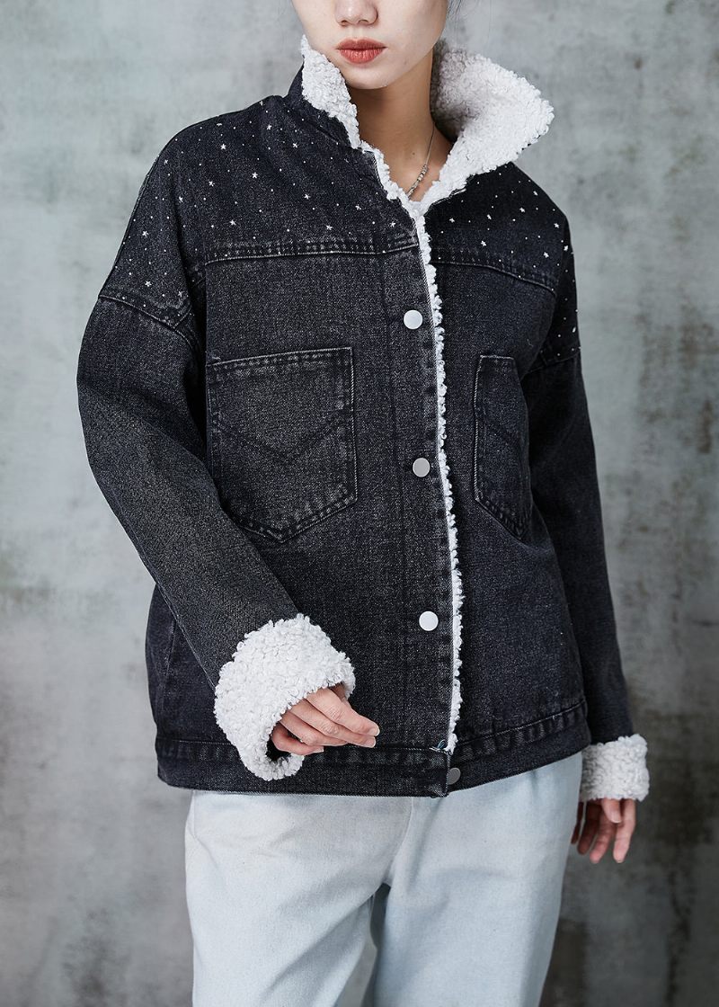 Smuk Sort Peter Pan Krave Patchwork Varm Fleece Denimjakke Vinter