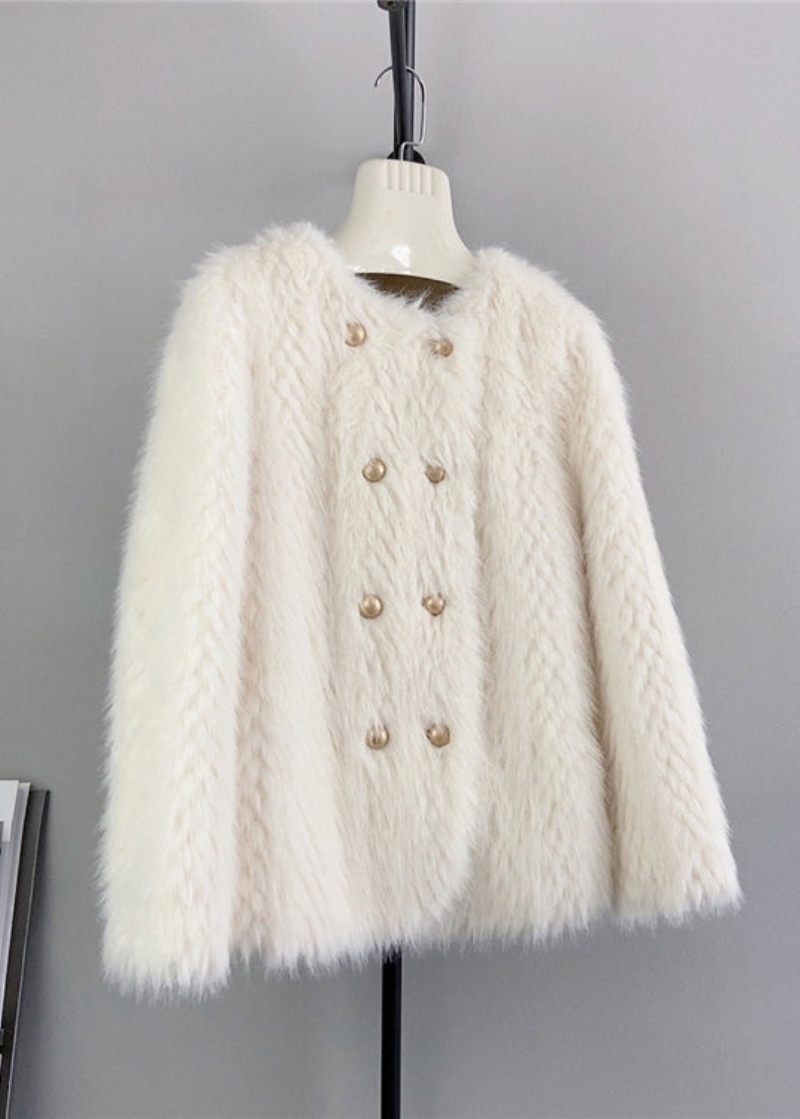 Smukke Beige O-hals Dobbeltbryst Mink Cashmere Frakker Vinter - Dame vinterfrakker