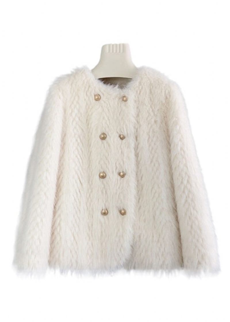 Smukke Beige O-hals Dobbeltbryst Mink Cashmere Frakker Vinter - Dame vinterfrakker