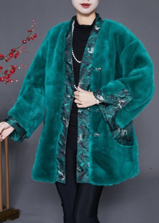 Smukke Peacock Green Oversized Patchwork Faux Fur Coats Vinter