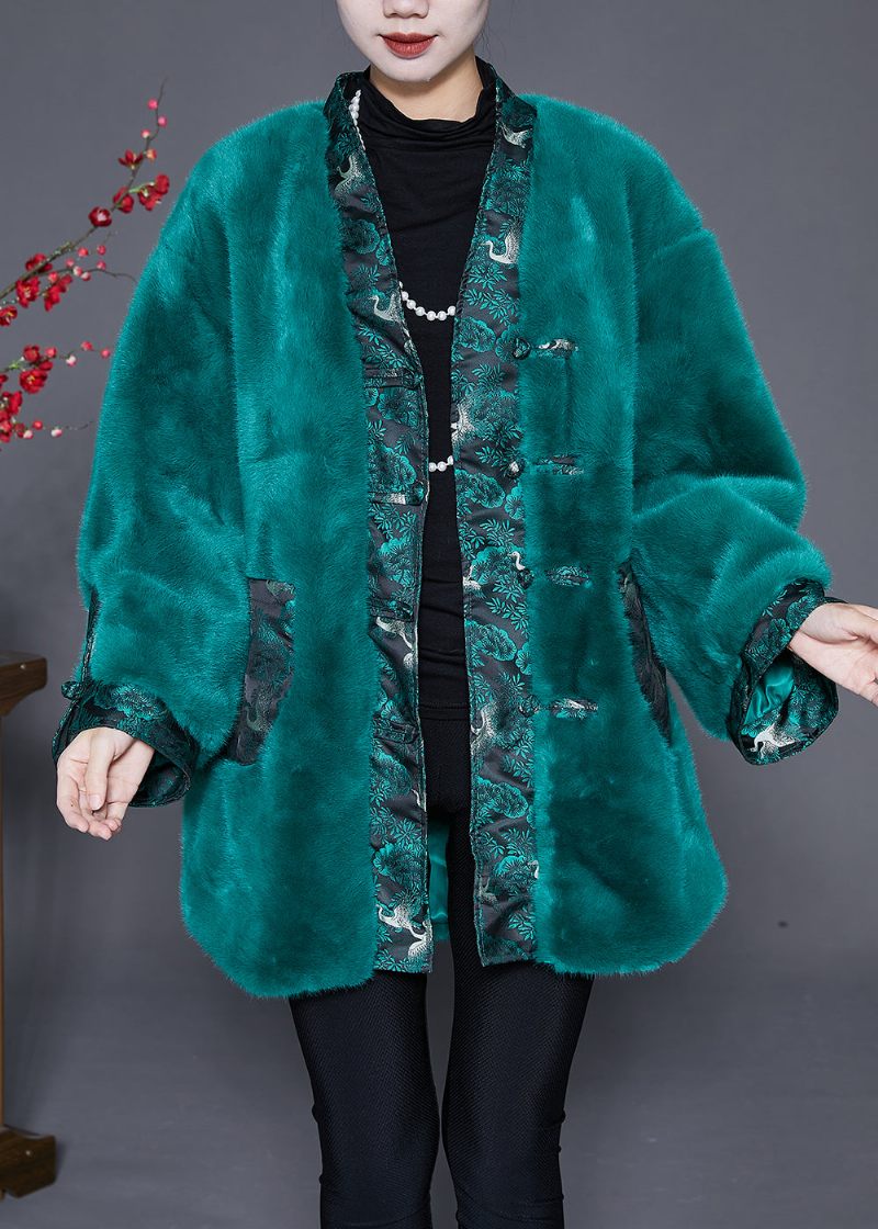 Smukke Peacock Green Oversized Patchwork Faux Fur Coats Vinter - Dame vinterfrakker