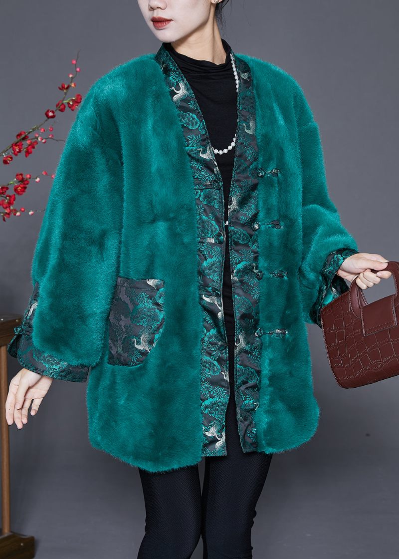 Smukke Peacock Green Oversized Patchwork Faux Fur Coats Vinter - Dame vinterfrakker