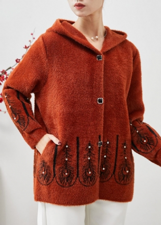 Smukt Orange Hættetryk Faux Mink Velvet Trench Spring