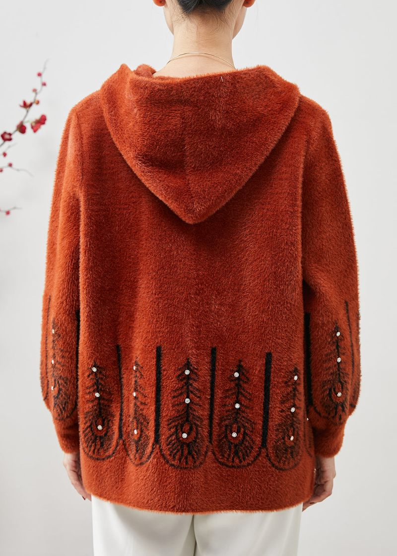 Smukt Orange Hættetryk Faux Mink Velvet Trench Spring - Dame vinterfrakker