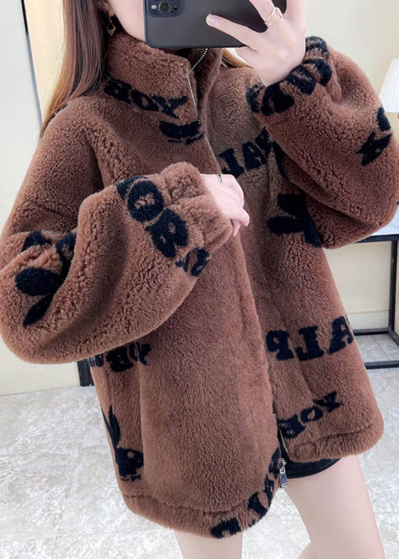 Sød Baby Blå Stand Krave Print Lynlås Faux Fur Coat Vinter - Babyblå