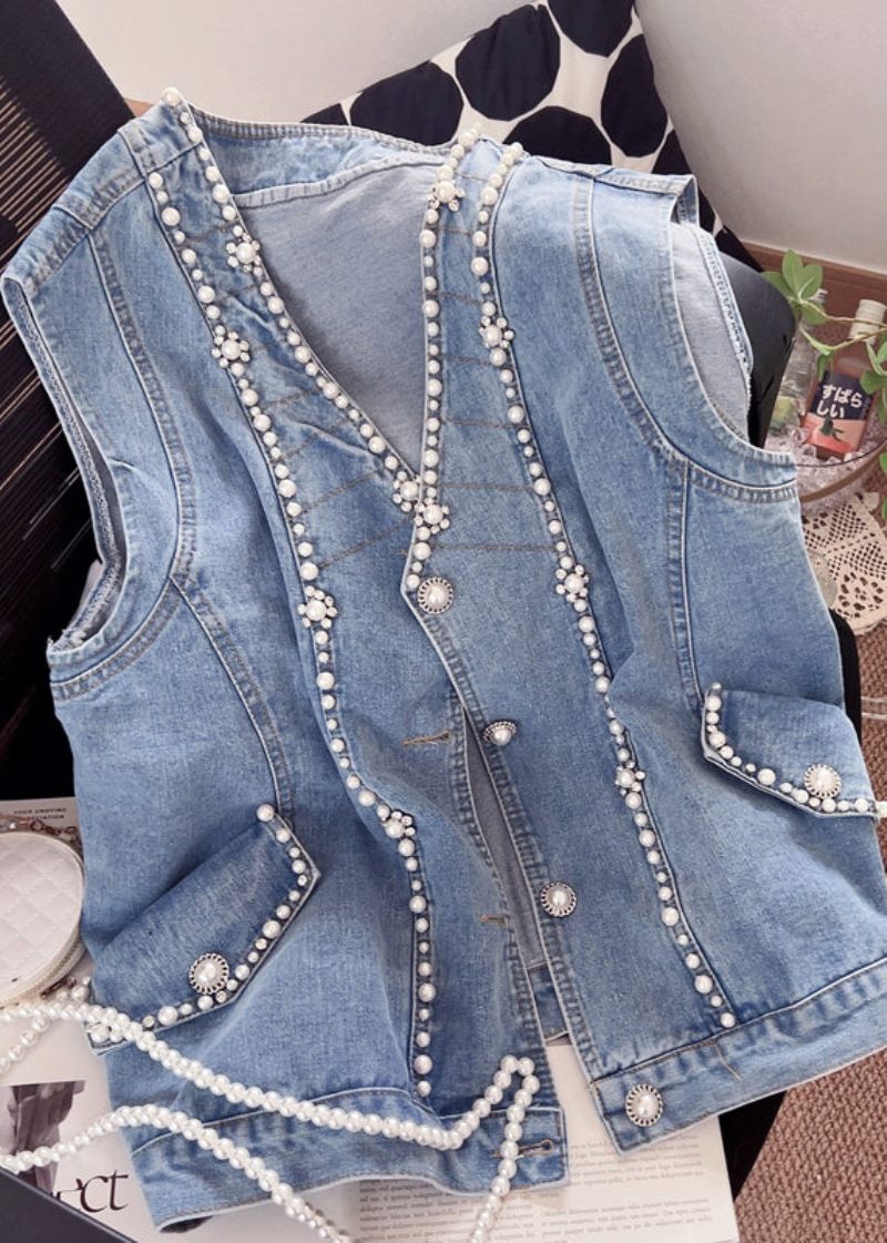 Sød Blå V-hals Patchwork Nail Bead Denim Vest Efterår