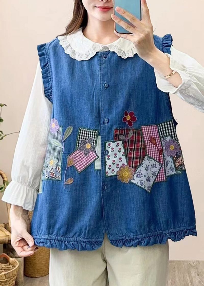 Sød Marineblå Broderet Patchwork-vest Vest Uden Ærmer - Navy