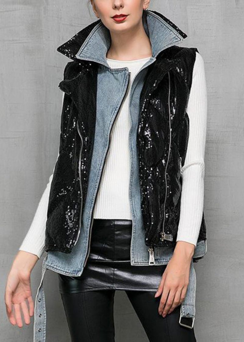 Sort Denim Patchwork Andedun Vest Peter Pan Krave Vinter