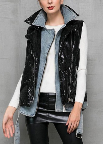 Sort Denim Patchwork Andedun Vest Peter Pan Krave Vinter