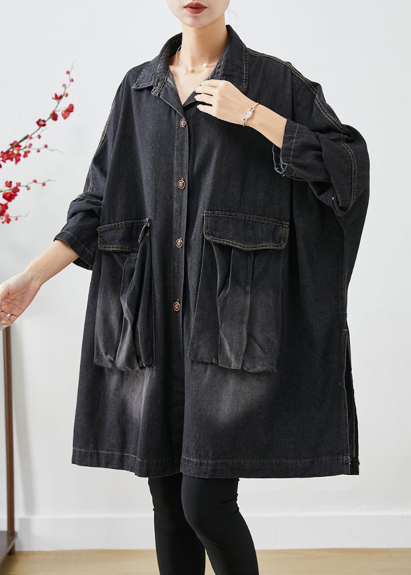 Sort Denim Trench Oversized Lommer Batwing Sleeve