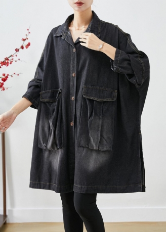 Sort Denim Trench Oversized Lommer Batwing Sleeve