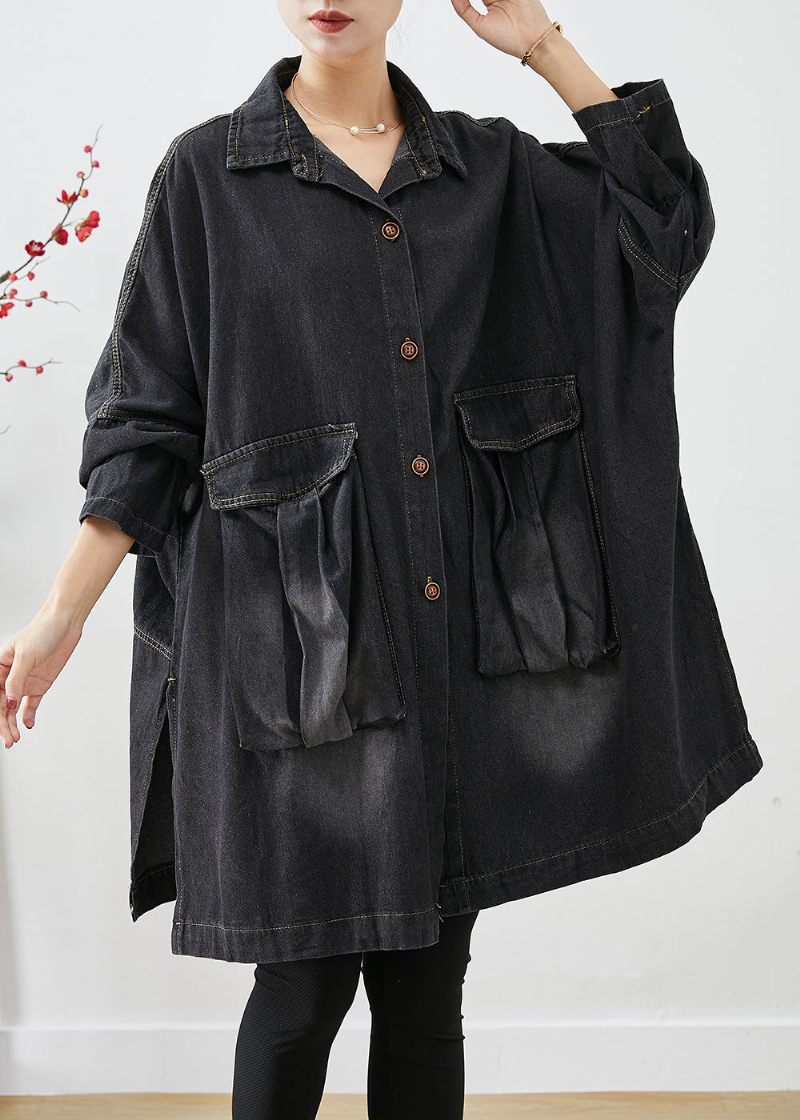 Sort Denim Trench Oversized Lommer Batwing Sleeve - Dame vinterfrakker