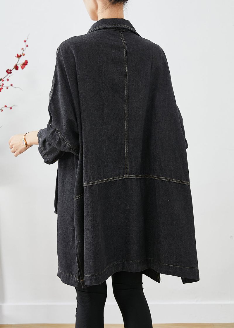 Sort Denim Trench Oversized Lommer Batwing Sleeve - Dame vinterfrakker