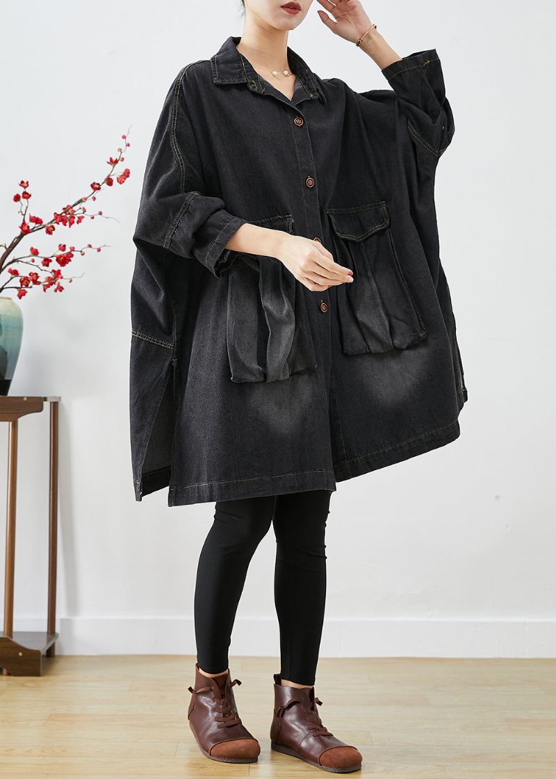 Sort Denim Trench Oversized Lommer Batwing Sleeve - Dame vinterfrakker