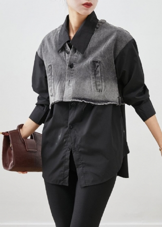 Sort Patchwork Denim Bomuldsskjorte Toppe Oversized Fall