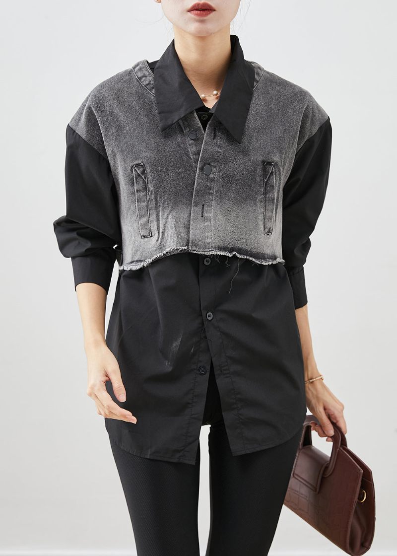 Sort Patchwork Denim Bomuldsskjorte Toppe Oversized Fall - Dame vinterfrakker