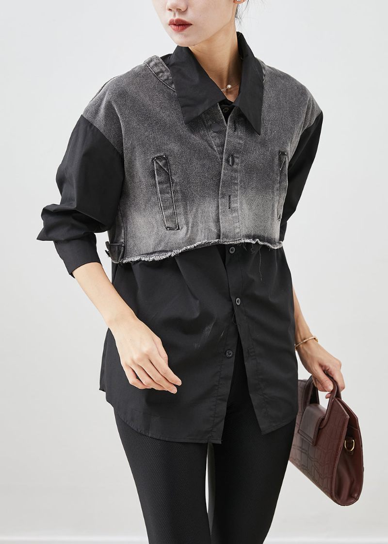 Sort Patchwork Denim Bomuldsskjorte Toppe Oversized Fall - Dame vinterfrakker