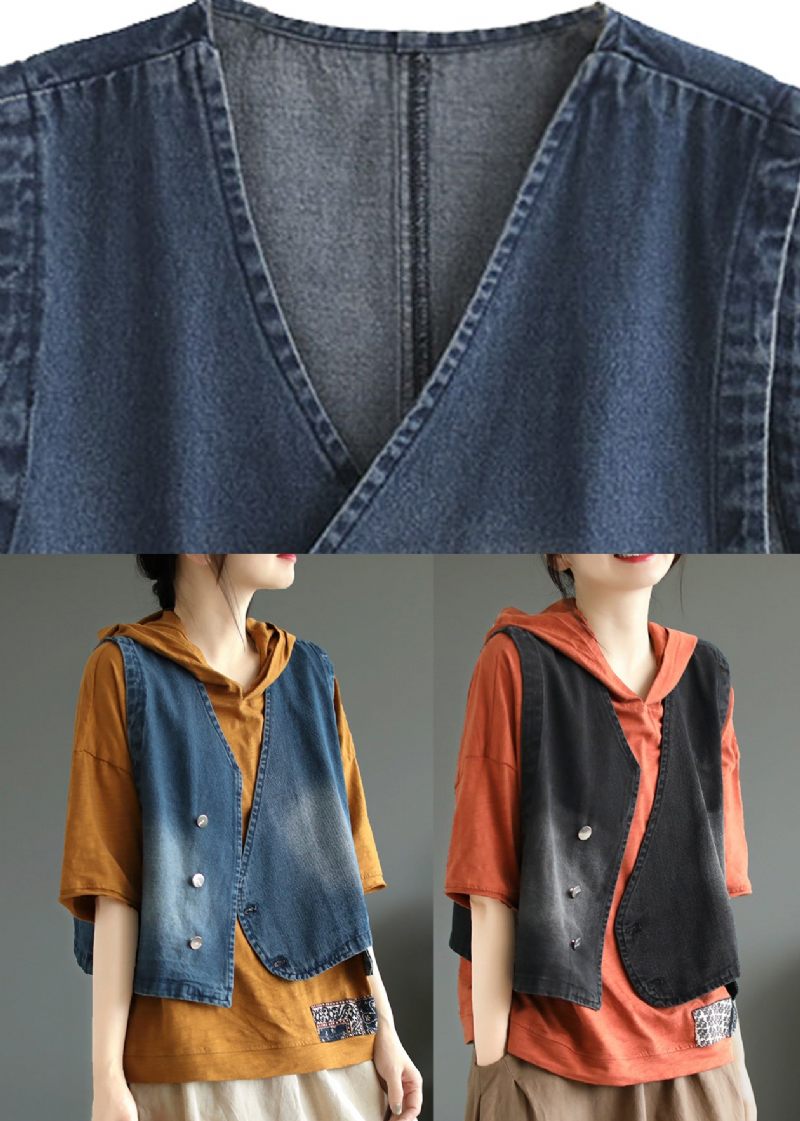 Sort Patchwork Knap Denim Frakke Efterår - Sort