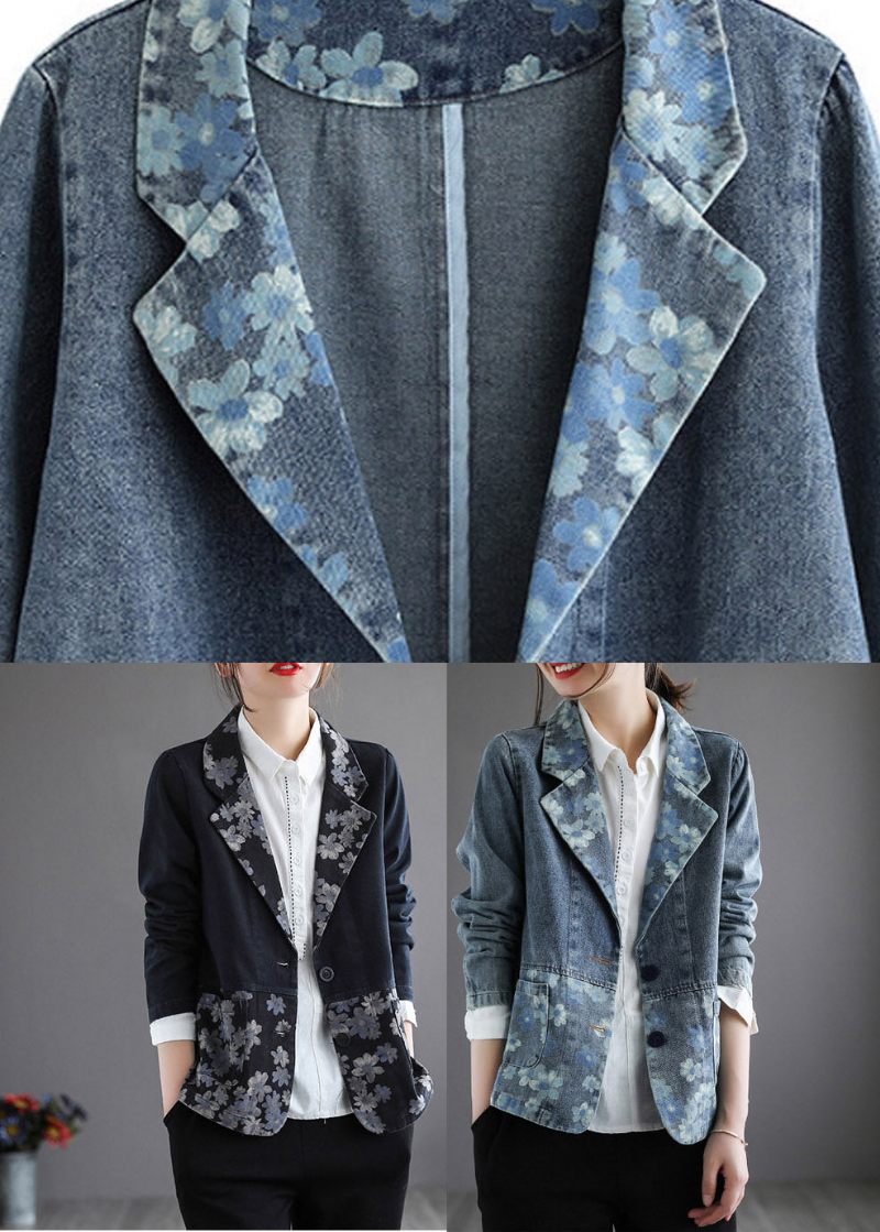 Sort Patchwork Knap Denim Frakke Langærmet - Sort