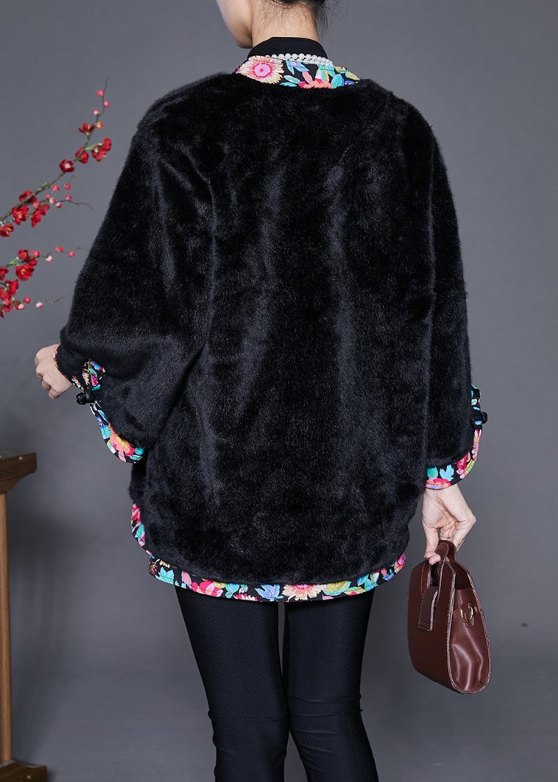 Sort Patchwork Mink Velvet Coat Outwear Oversized Lace Up Winter - Dame vinterfrakker