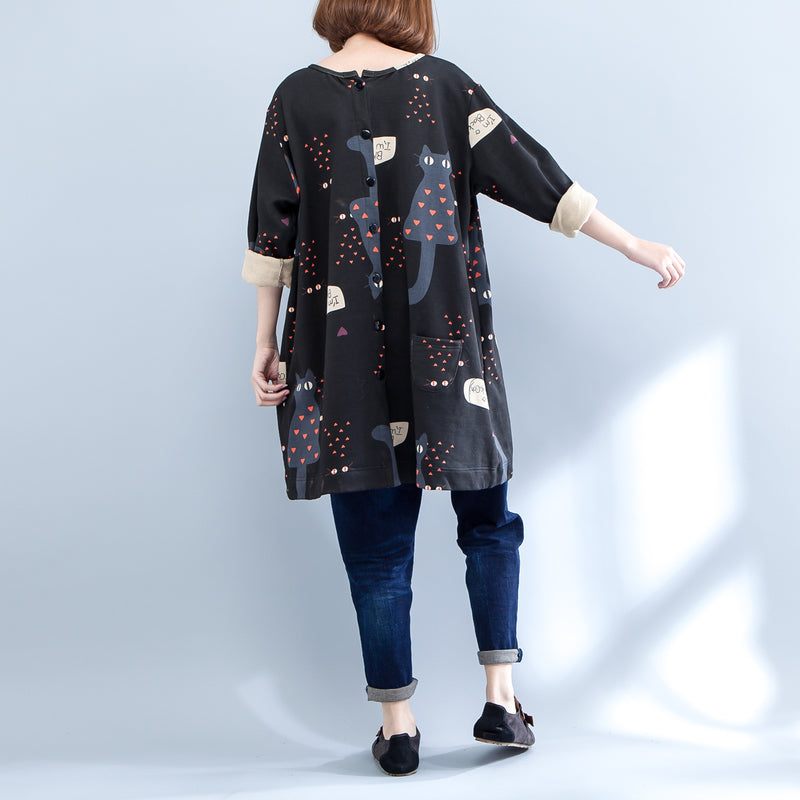 Sort Plus Size Tegneserie Prints Bomuld Cardigans Lange Ærmer O Hals Frakke Efterår - Dame vinterfrakker