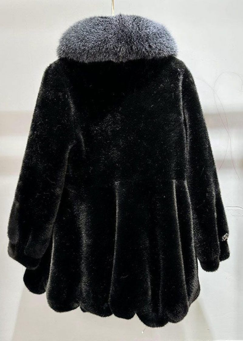 Sort Slim Fit Mink Velvet Coat Rævekrave Lommer Vinter - Dame vinterfrakker