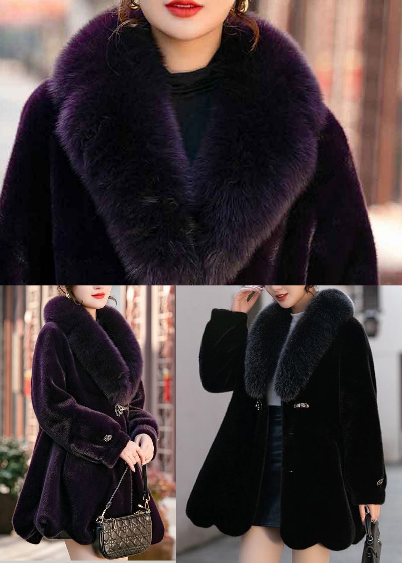 Sort Slim Fit Mink Velvet Coat Rævekrave Lommer Vinter - Dame vinterfrakker