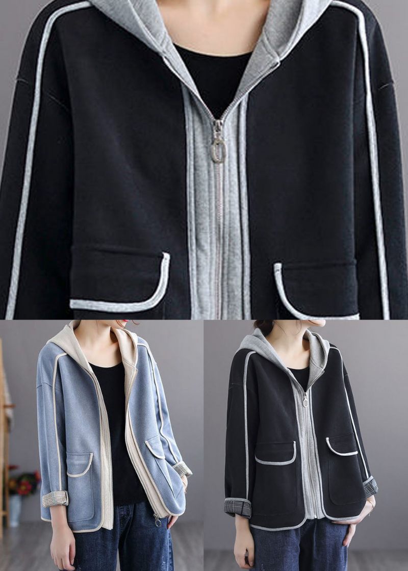 Sorte Lommer Bomuld Frakker Zip Up Hooded Spring - Dame vinterfrakker