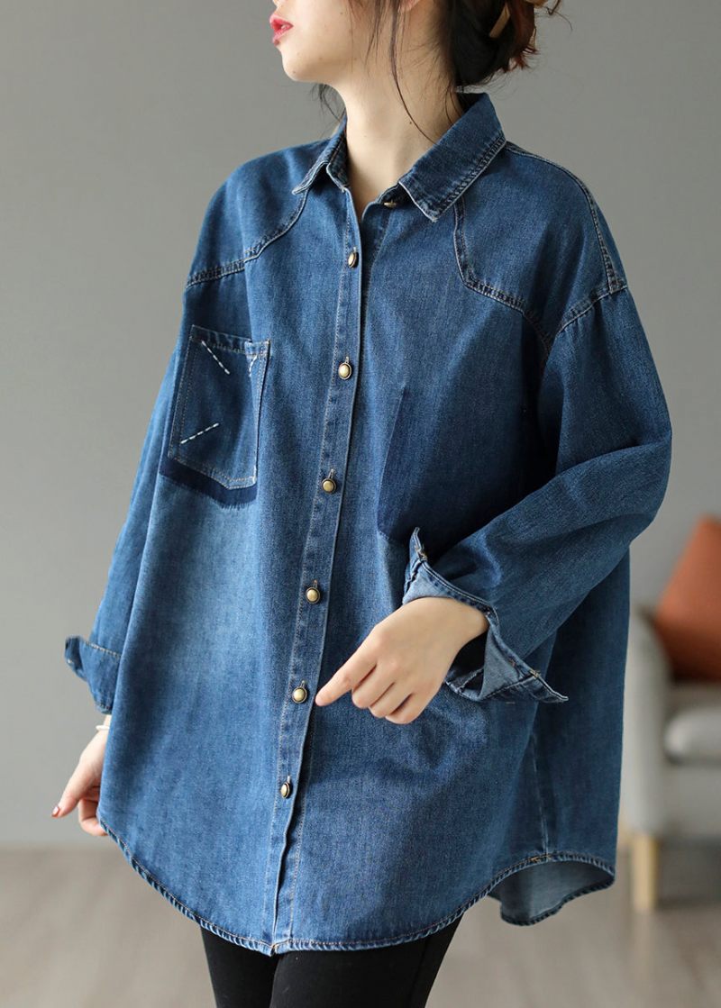 Stil Blå Oversized Broderet Pocket Denim Jakker Forår