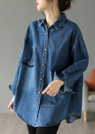 Stil Blå Oversized Broderet Pocket Denim Jakker Forår