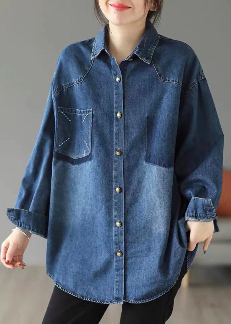 Stil Blå Oversized Broderet Pocket Denim Jakker Forår - Dame vinterfrakker