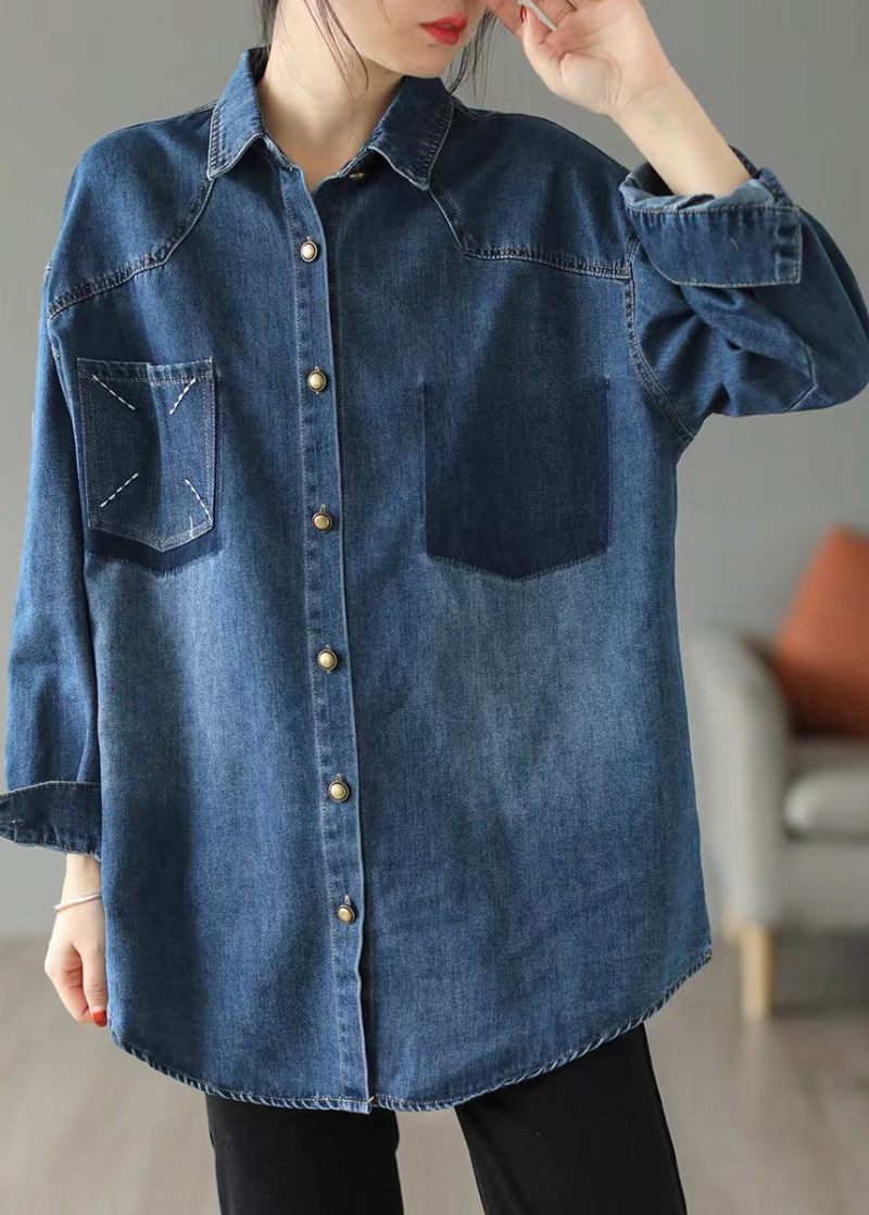 Stil Blå Oversized Broderet Pocket Denim Jakker Forår - Dame vinterfrakker