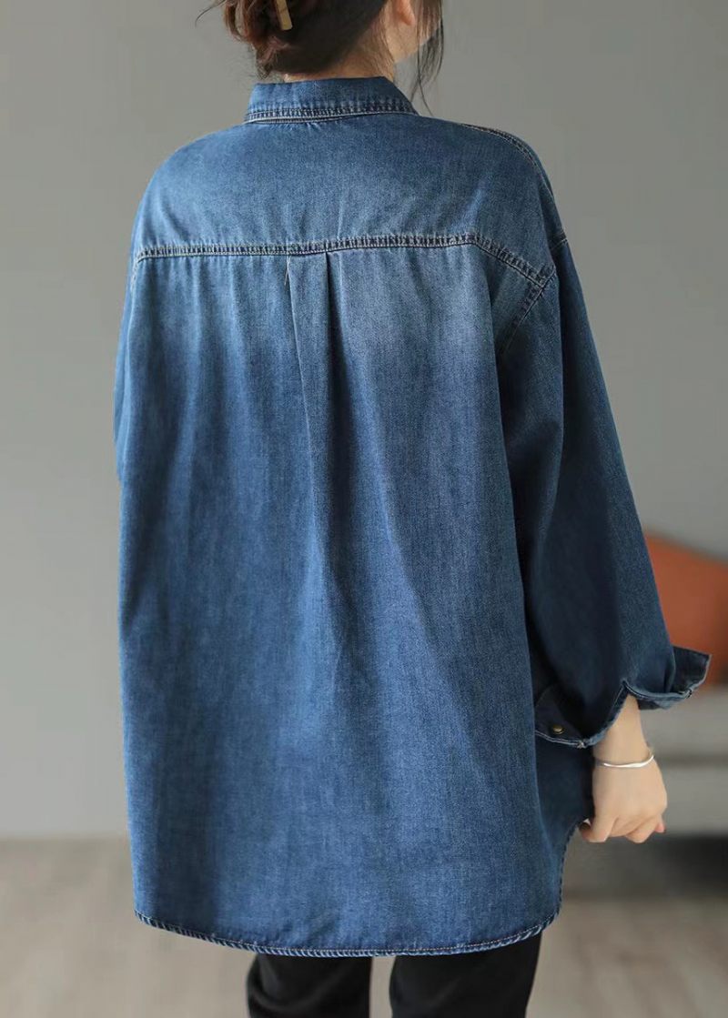 Stil Blå Oversized Broderet Pocket Denim Jakker Forår - Dame vinterfrakker