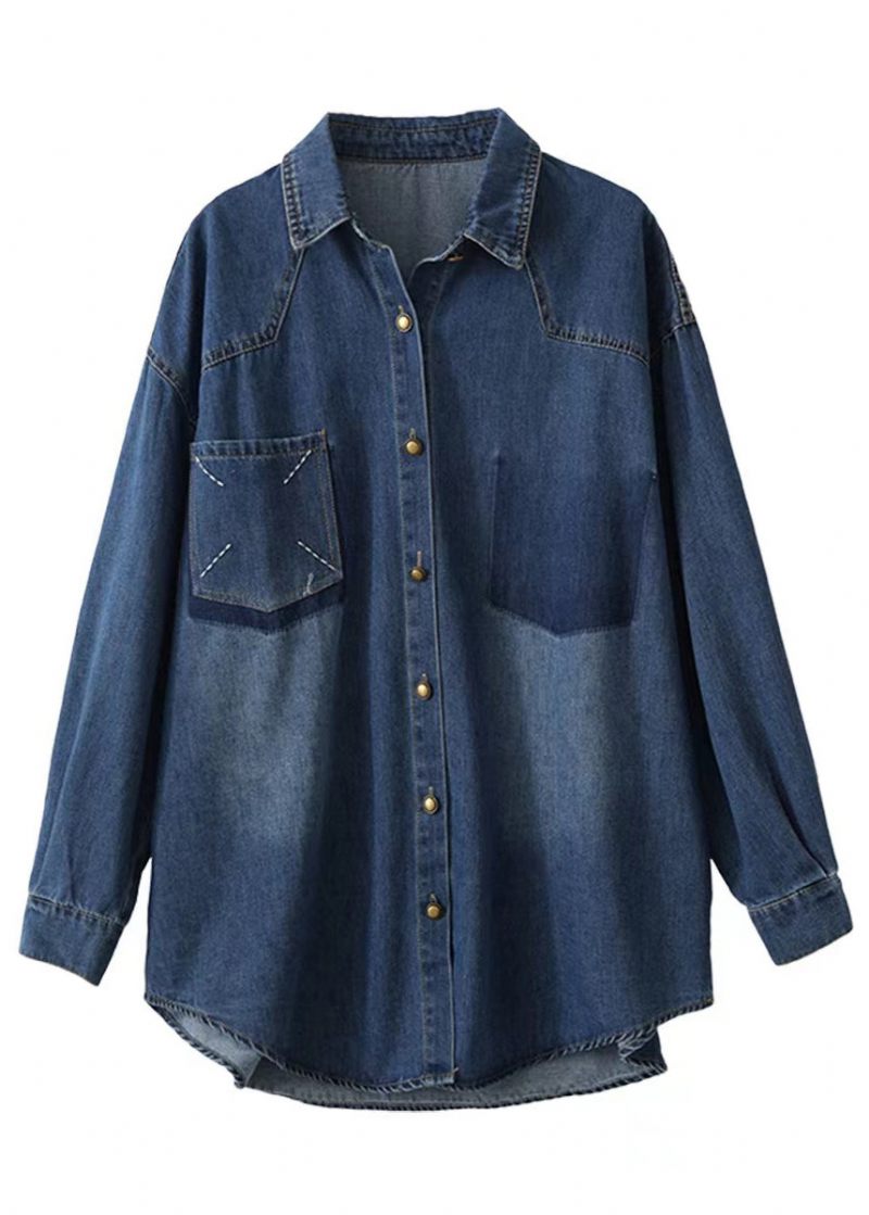 Stil Blå Oversized Broderet Pocket Denim Jakker Forår - Dame vinterfrakker