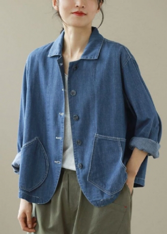 Stil Blå Peter Pan Kravelommer Patchwork Denimfrakker Forår