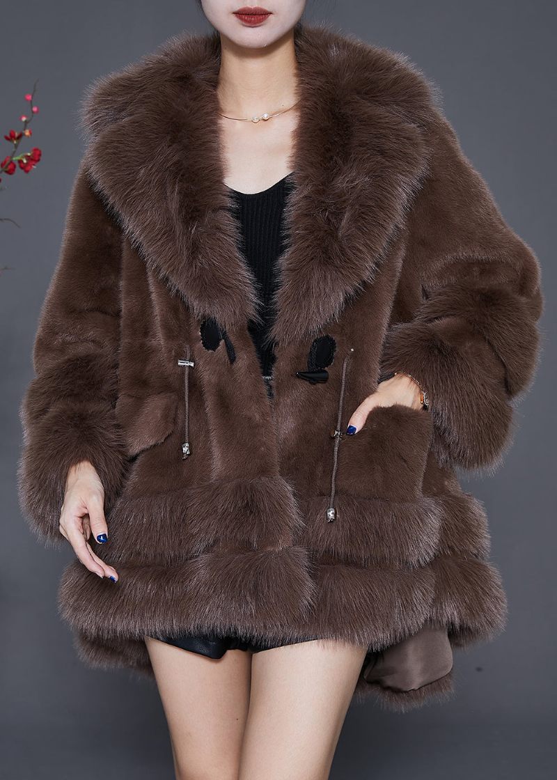 Stil Chokolade Oversized Lav Høj Design Fuzzy Fur Fluffy Jacket Vinter - Dame vinterfrakker