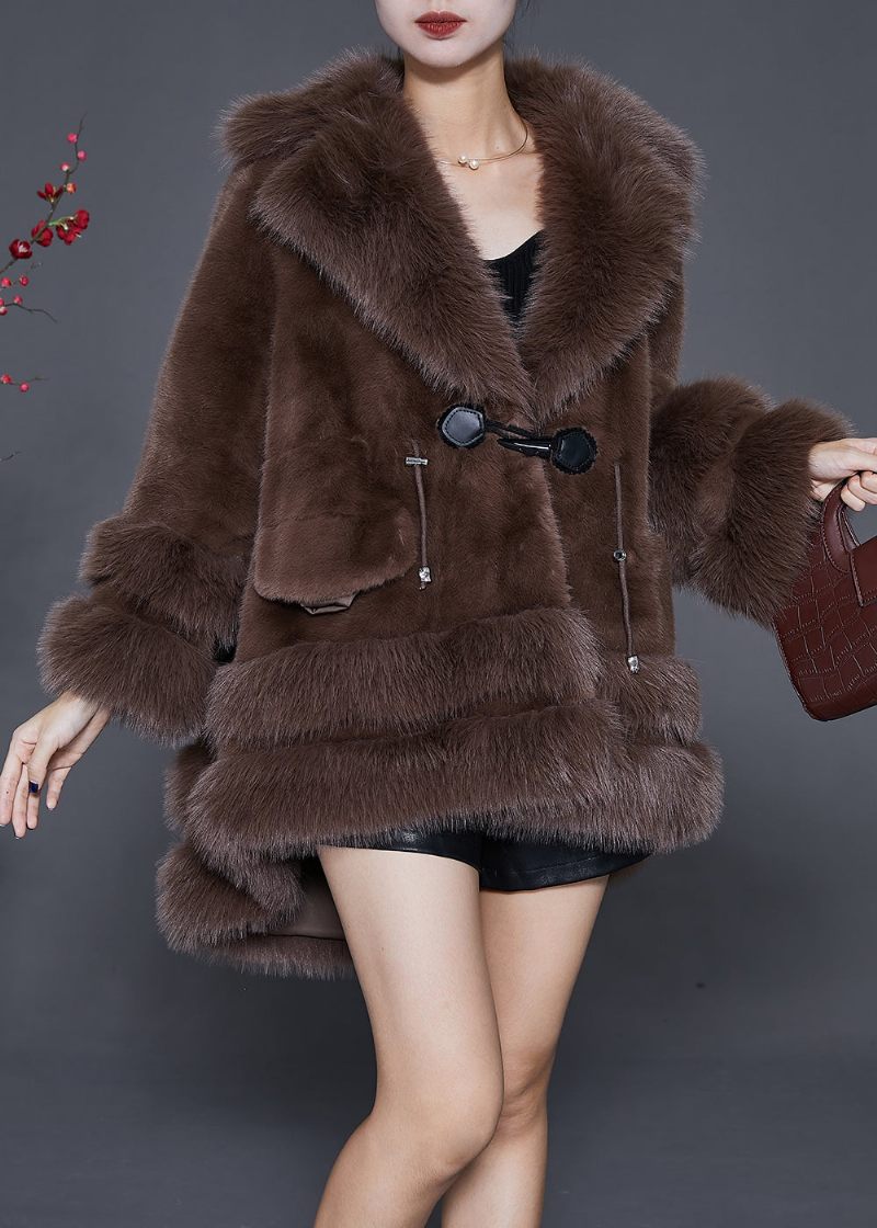 Stil Chokolade Oversized Lav Høj Design Fuzzy Fur Fluffy Jacket Vinter - Dame vinterfrakker