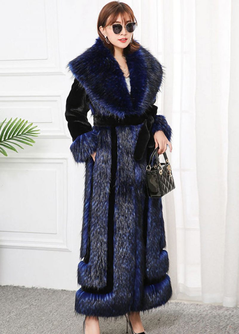 Stil Navy Faux Fox Krave Patchwork Silm Fit Fur Coats Vinter - Dame vinterfrakker