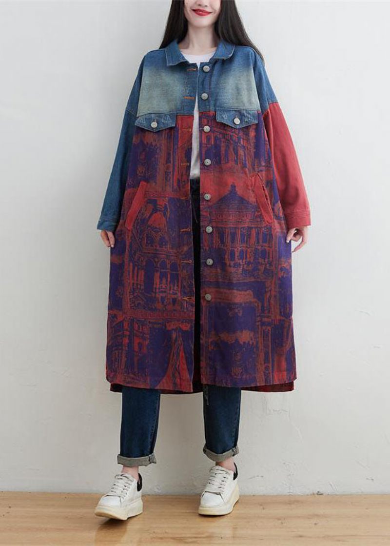 Stil Rød Peter Pan Krave Patchwork Print Denim Outwear Spring