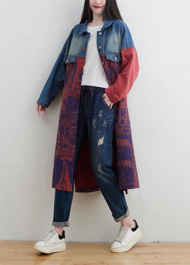 Stil Rød Peter Pan Krave Patchwork Print Denim Outwear Spring - Dame vinterfrakker