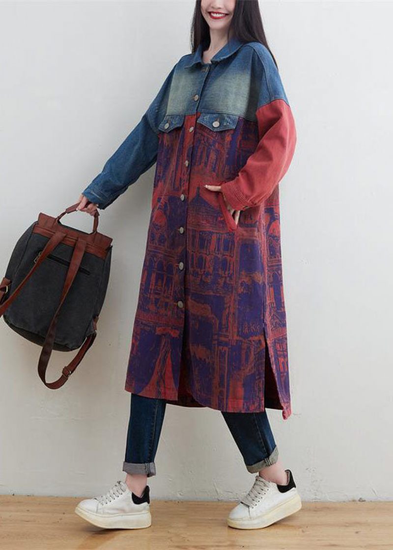 Stil Rød Peter Pan Krave Patchwork Print Denim Outwear Spring - Dame vinterfrakker