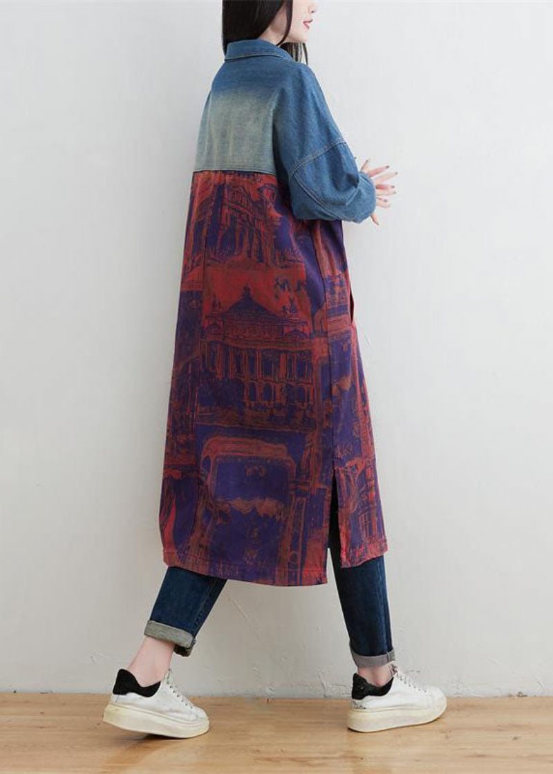 Stil Rød Peter Pan Krave Patchwork Print Denim Outwear Spring - Dame vinterfrakker