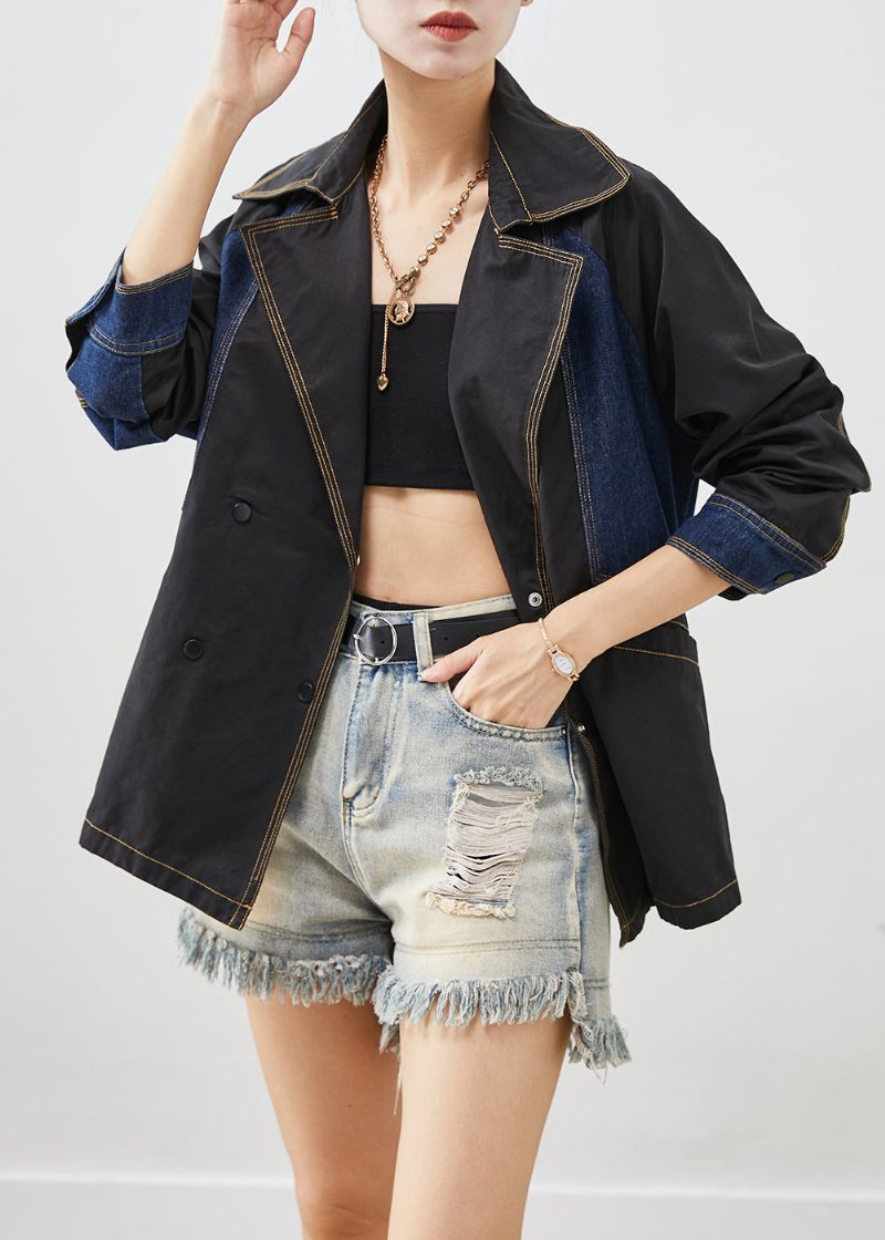 Stil Sort Oversized Denim Patchwork Bomuldsjakker Efterår