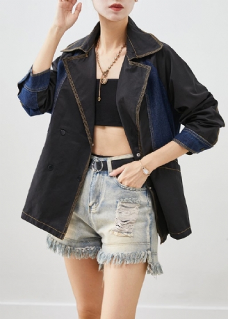 Stil Sort Oversized Denim Patchwork Bomuldsjakker Efterår