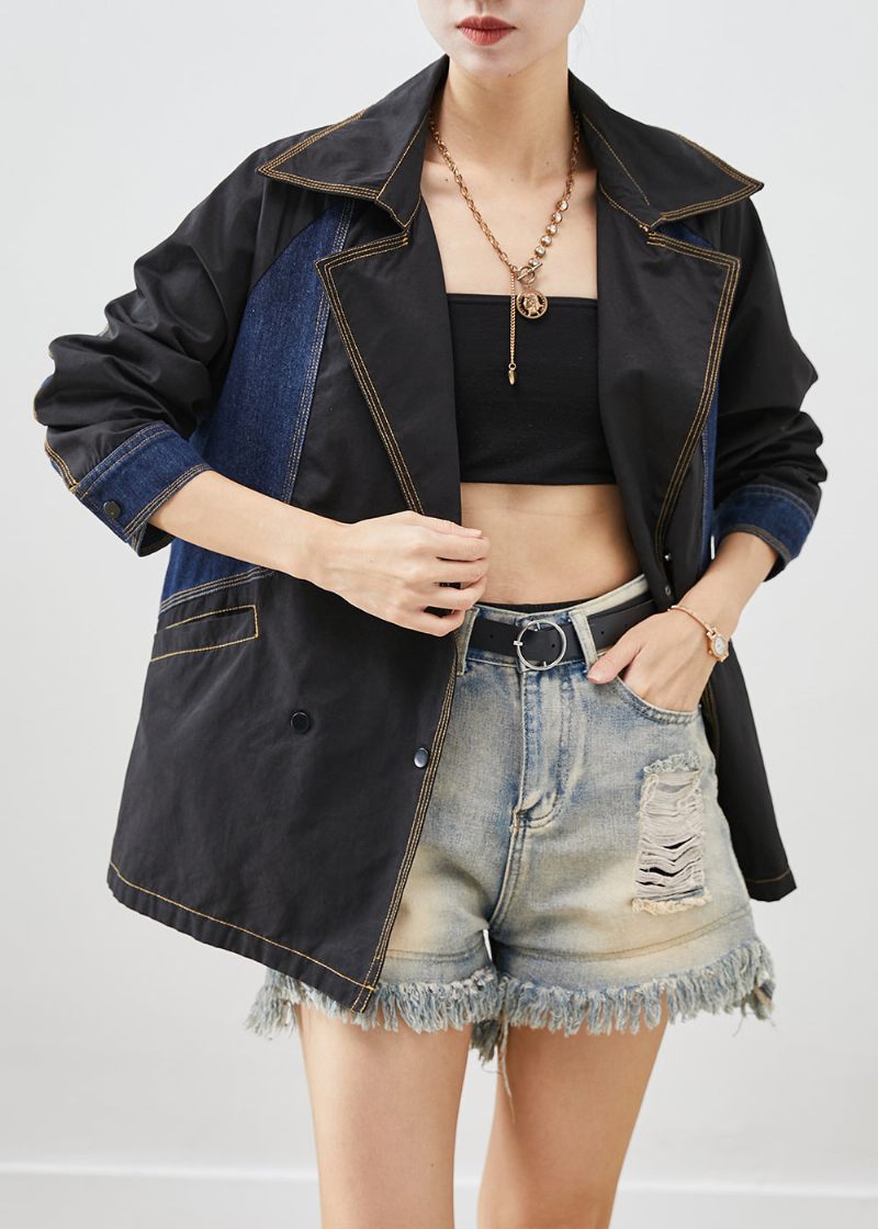 Stil Sort Oversized Denim Patchwork Bomuldsjakker Efterår - Dame vinterfrakker